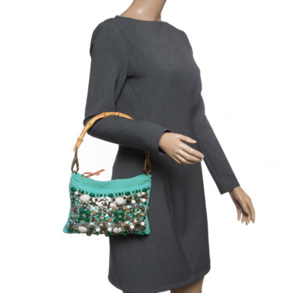Miu Miu Bead & Sequin Bamboo Handle Turquoise Bag - image 4